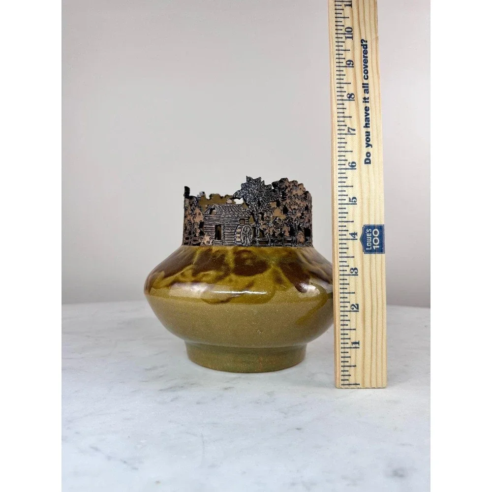 Rodney Leftwich Folk Art Pottery‎ Vase Asheville NC Brown Green 1995 Cutout Rim